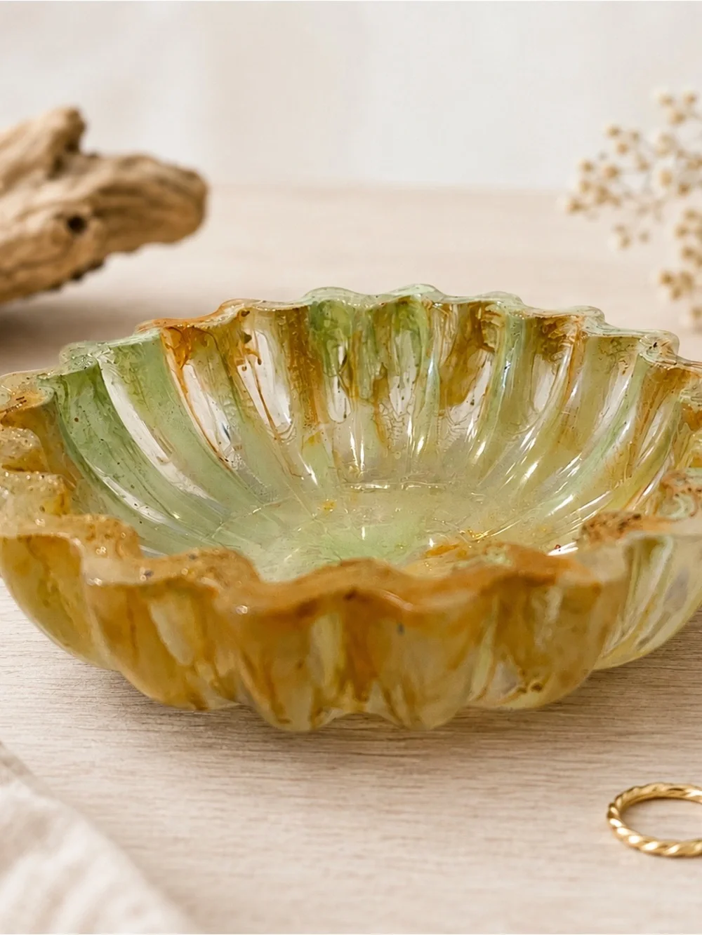 Handmade Green and Amber Decorative Glass Serving Bowl